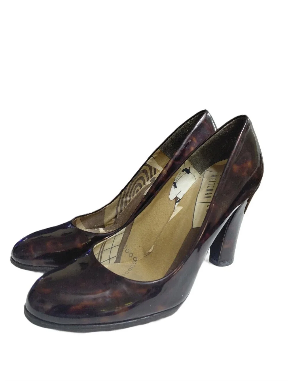 Stuart Weitzman Tortoiseshell Patent Leather Tall Block Heel Size 6 Pumps